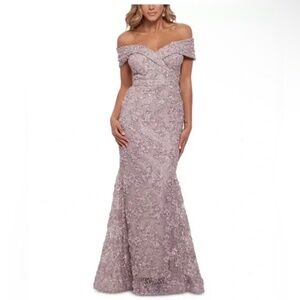 Xscape Off-Shoulder Lace Mermaid Gown in Dusty Lavender